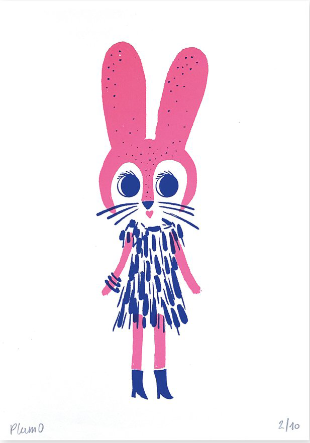 Handmade screenprint of a whimsical fuchsia pink rabbit wearing a playful blue dress and boots, designed by Plumo. Cute and bold animal illustration perfect for kids’ room decor or as a unique art gift. Limited edition A5 art print made in the Netherlands