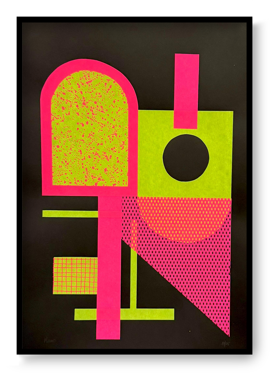 Abstract geometric screen print by Belgian artist PLUMO featuring bold shapes and fluorescent colors, hand-pulled limited edition modern wall art for minimalist and Scandinavian interiors.