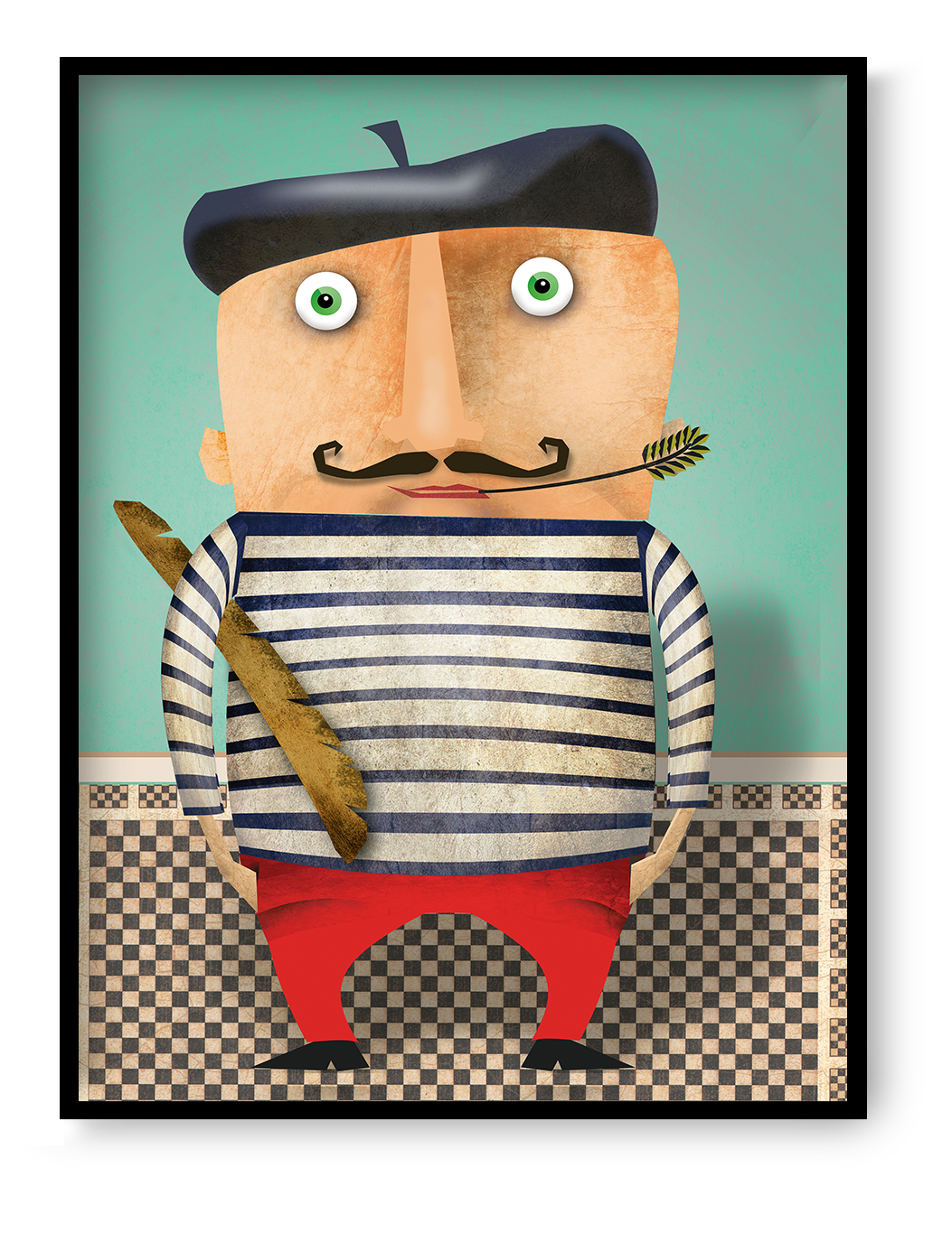 Funny illustration of a stereotypical French man wearing a striped shirt and beret, holding a baguette, humorous character art print from the Proud People series by Gert Paenen.