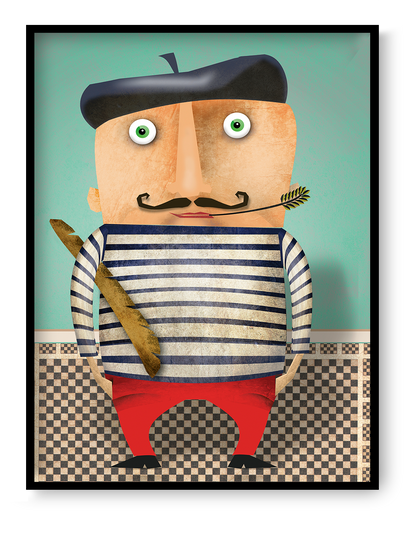 Funny illustration of a stereotypical French man wearing a striped shirt and beret, holding a baguette, humorous character art print from the Proud People series by Gert Paenen.