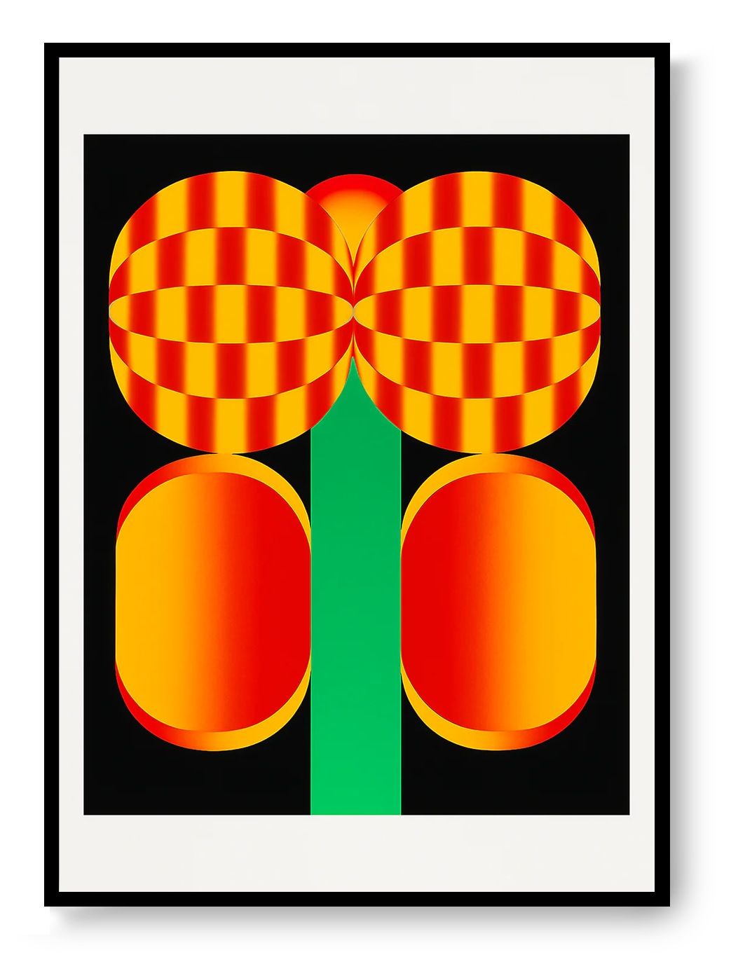 Popping Flower screenprint by PTRVRKD featuring bold geometric flower forms with red, yellow, and green stripes on a black background, limited edition graphic wall art.