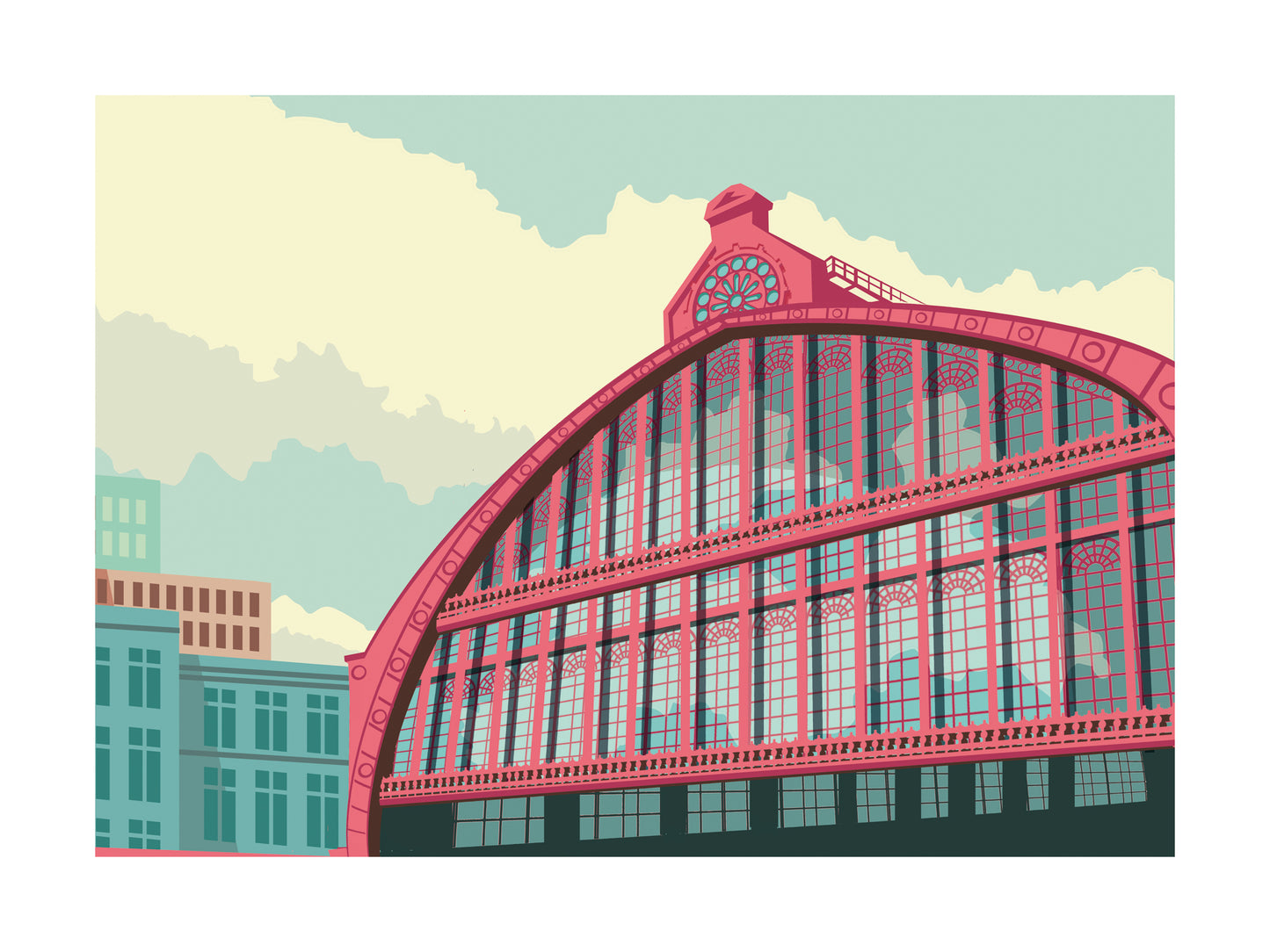 Architectural illustration of the Central Station Dome in Antwerp by Studio Frits – vibrant and modern art print featuring the iconic curved glass and iron roof of Antwerp’s railway station. Perfect wall art for lovers of Belgian architecture, urban landscapes, and European city posters. Available exclusively at Galerie Frits