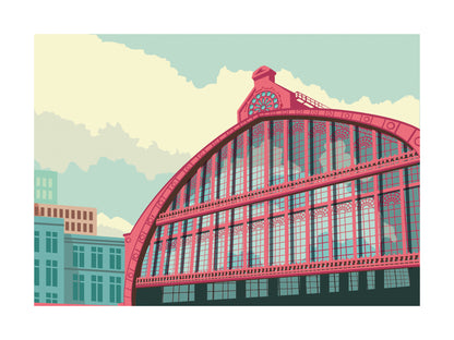 Architectural illustration of the Central Station Dome in Antwerp by Studio Frits – vibrant and modern art print featuring the iconic curved glass and iron roof of Antwerp’s railway station. Perfect wall art for lovers of Belgian architecture, urban landscapes, and European city posters. Available exclusively at Galerie Frits