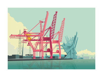 Striking graphic illustration by Studio Frits titled 'Antwerp Port,' featuring a bold composition of industrial cranes in vivid red and soft teal tones, set against a calm harbor with a pastel sky. This modern, stylized view of Belgium’s iconic port captures the scale, structure, and rhythm of maritime industry—ideal for contemporary interiors and urban art collectors