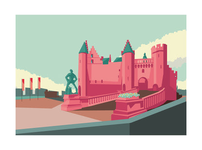 Colorful modern art print of Het Steen castle in Antwerp by Studio Frits – 30x40 cm architectural illustration featuring iconic medieval fortress in bold pink and teal tones, printed on premium paper.