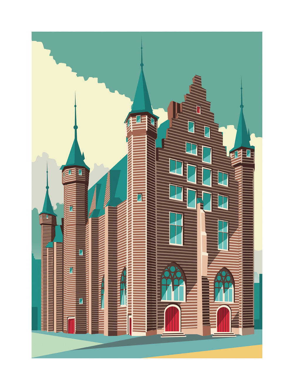 Vleeshuis Antwerp architectural illustration art print showing the historic medieval building with towers and red doors in a modern graphic style, 30x40 cm wall art