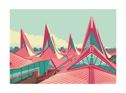Vlinderpaleis Antwerp courthouse illustration by Gert Paenen featuring the iconic modern architecture of the Antwerp Justice Palace in bold geometric colors, 30x40 cm digital art print.