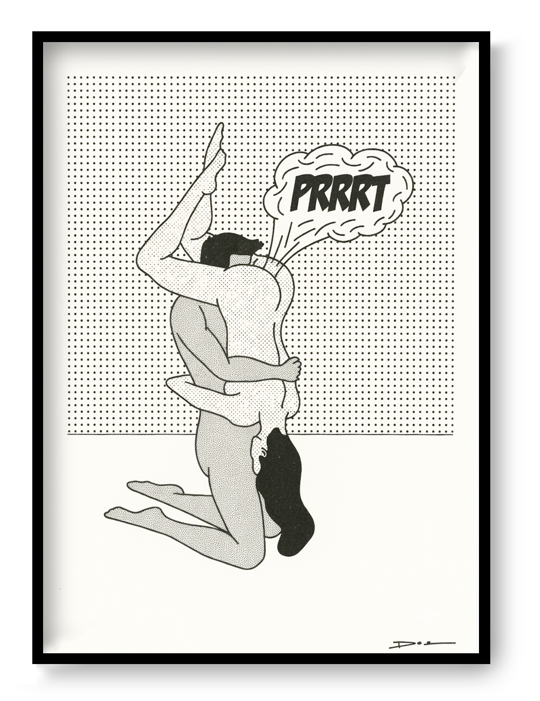 Humorous black and white digital art print featuring two embracing nude figures with a comic speech bubble, minimalist graphic style, bold linework and halftone textures, vertical composition for modern home decor and contemporary wall art.