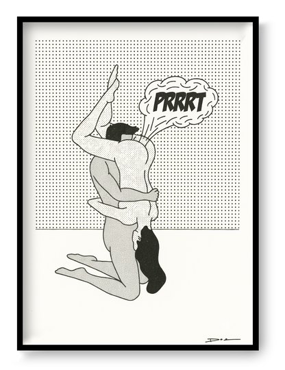 Humorous black and white digital art print featuring two embracing nude figures with a comic speech bubble, minimalist graphic style, bold linework and halftone textures, vertical composition for modern home decor and contemporary wall art.