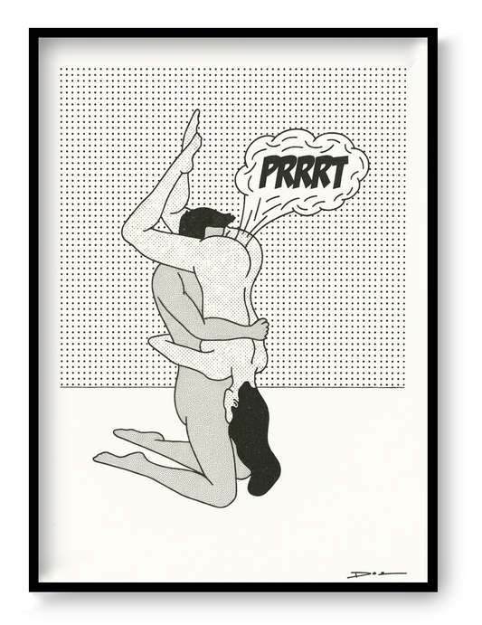 Humorous black and white digital art print featuring two embracing nude figures with a comic speech bubble, minimalist graphic style, bold linework and halftone textures, vertical composition for modern home decor and contemporary wall art.