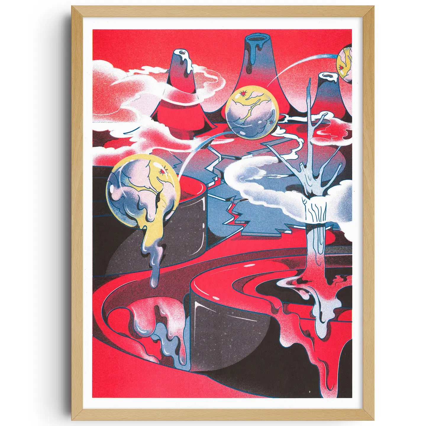 Surreal, vibrant-colored illustration of an abstract volcanic landscape with floating spheres dripping cosmic matter over a red and blue terrain. Psychedelic modern art with a dreamlike atmosphere, perfect for creative interiors and contemporary art lovers.