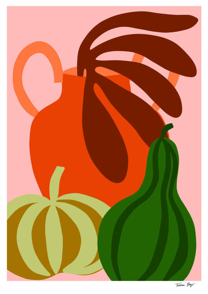 Colorful still life illustration of green pumpkin, orange jug, and gourd by Teresa Rego – modern A3 art print on 300g Munken paper, perfect for kitchen or home decor