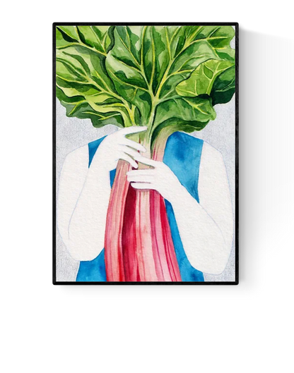 Watercolor art print of a white figure holding a large pink rhubarb stalk with oversized green leaves covering their face – Rhubarb by Kim Timmermans, A4 and A3 sizes, printed on high-quality Munken paper.