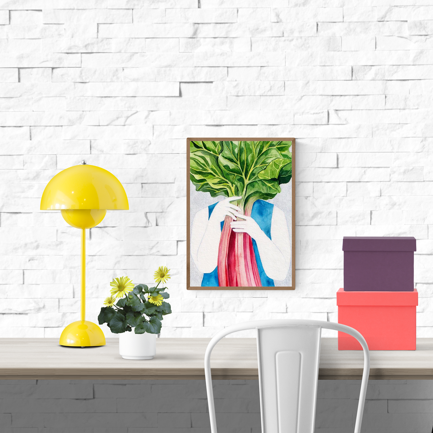 Watercolor art print of a white figure holding a large pink rhubarb stalk with oversized green leaves covering their face – Rhubarb by Kim Timmermans, A4 and A3 sizes, printed on high-quality Munken paper.