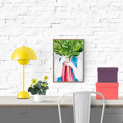 Watercolor art print of a white figure holding a large pink rhubarb stalk with oversized green leaves covering their face – Rhubarb by Kim Timmermans, A4 and A3 sizes, printed on high-quality Munken paper.