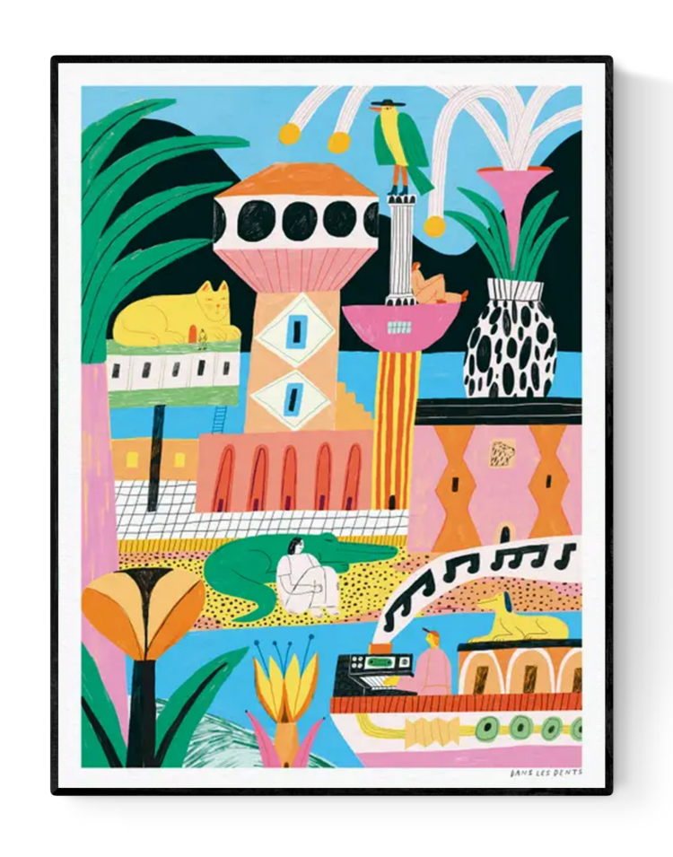 Colorful and dreamy illustration featuring surreal architecture, tropical plants, lounging animals, and whimsical human figures in a playful utopian landscape – Refuge by Dans les Dents, 30 x 40 cm art print made in France, perfect for joyful modern interiors and children's spaces.