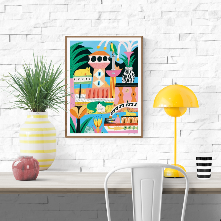 Colorful and dreamy illustration featuring surreal architecture, tropical plants, lounging animals, and whimsical human figures in a playful utopian landscape – Refuge by Dans les Dents, 30 x 40 cm art print made in France, perfect for joyful modern interiors and children's spaces.