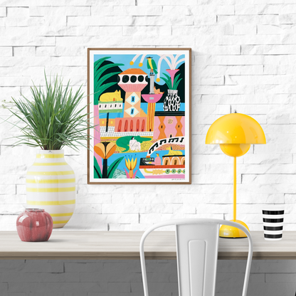 Colorful and dreamy illustration featuring surreal architecture, tropical plants, lounging animals, and whimsical human figures in a playful utopian landscape – Refuge by Dans les Dents, 30 x 40 cm art print made in France, perfect for joyful modern interiors and children's spaces.