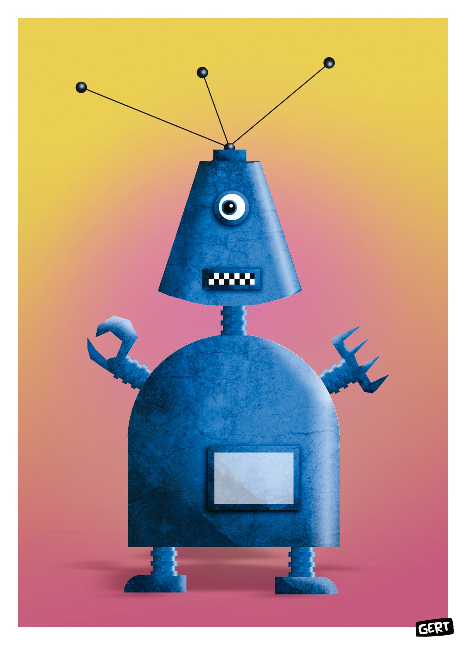 Robot 1 art print by Gert Paenen featuring a blue retro robot character on a vibrant yellow and pink background, contemporary illustration print for modern wall decor, creative workspace art, and playful home decoration.
