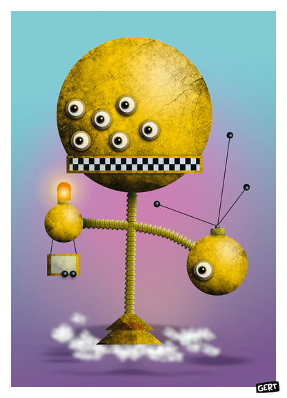 Robot 4 by Gert Paenen, colorful digital art print featuring a whimsical yellow robot character with multiple eyes, geometric shapes, and playful futuristic design on a pastel gradient background, contemporary wall art for modern interiors.