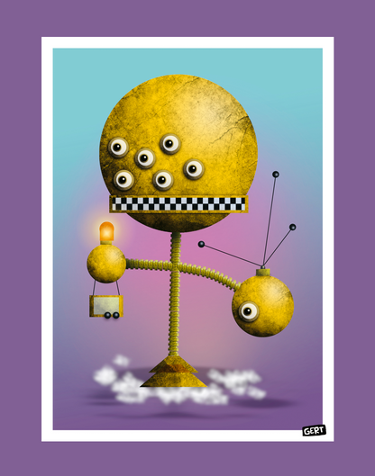 Robot 4 by Gert Paenen, colorful digital art print featuring a whimsical yellow robot character with multiple eyes, geometric shapes, and playful futuristic design on a pastel gradient background, contemporary wall art for modern interiors.