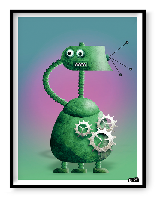 Robot 3 by Gert Paenen, green retro robot art print with exposed mechanical gears, geometric shapes and playful character design on a colorful gradient background, contemporary digital illustration for modern home decor and creative interiors.