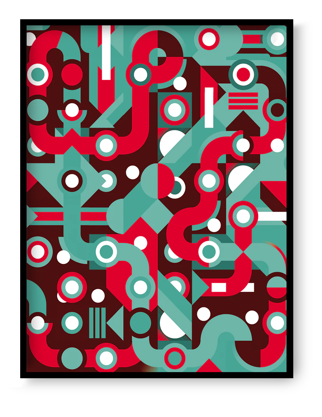 Route 07 by Gert Paenen, abstract geometric art print with bold red and teal forms, rhythmic shapes, and modern graphic composition for contemporary wall decor.