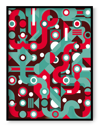 Route 07 by Gert Paenen, abstract geometric art print with bold red and teal forms, rhythmic shapes, and modern graphic composition for contemporary wall decor.