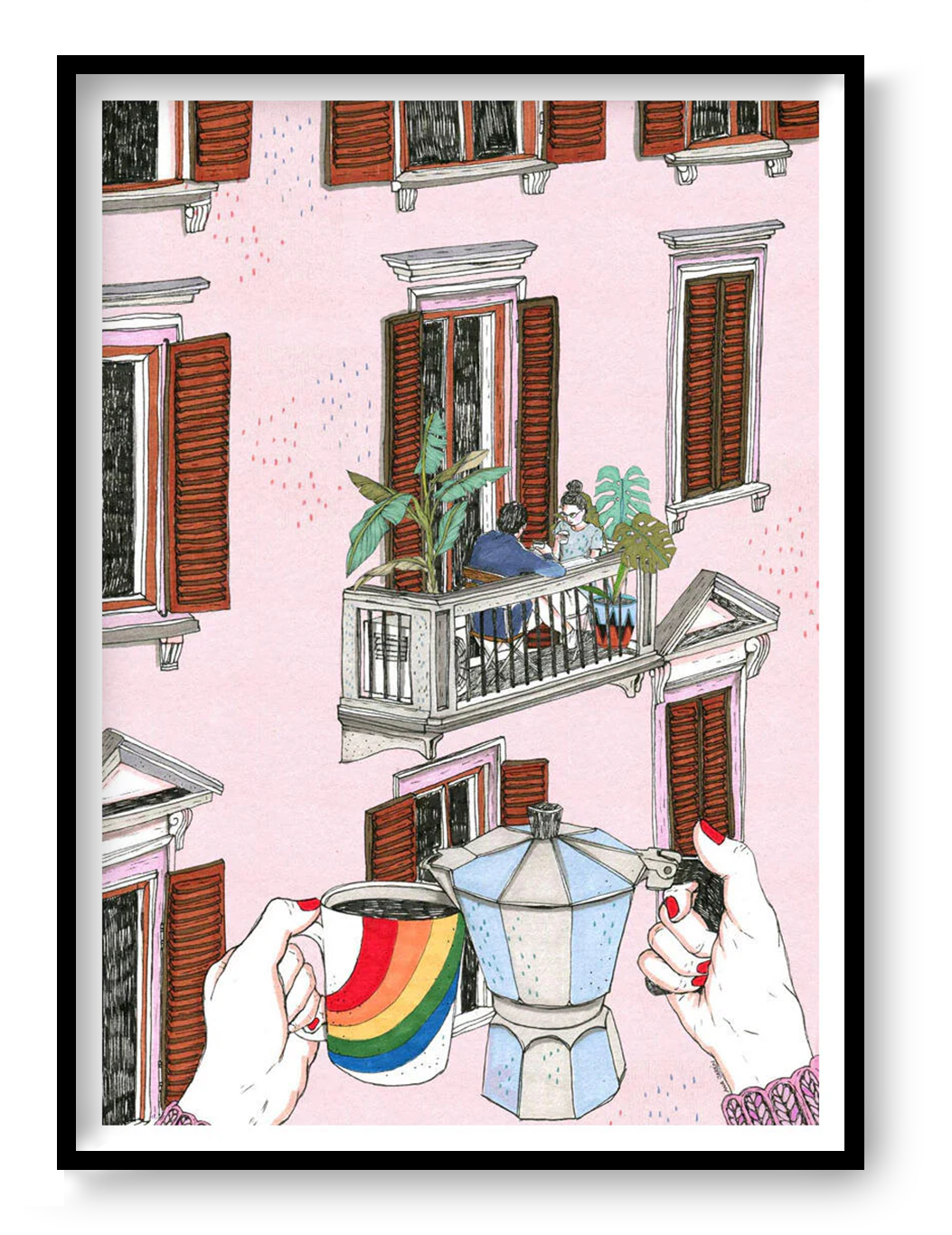 Colorful balcony lifestyle illustration showing two people sharing coffee in a European apartment building, with rainbow mug and moka pot in foreground, cozy urban wall art print by Ana Jarén