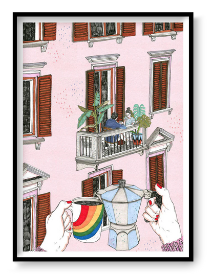 Colorful balcony lifestyle illustration showing two people sharing coffee in a European apartment building, with rainbow mug and moka pot in foreground, cozy urban wall art print by Ana Jarén