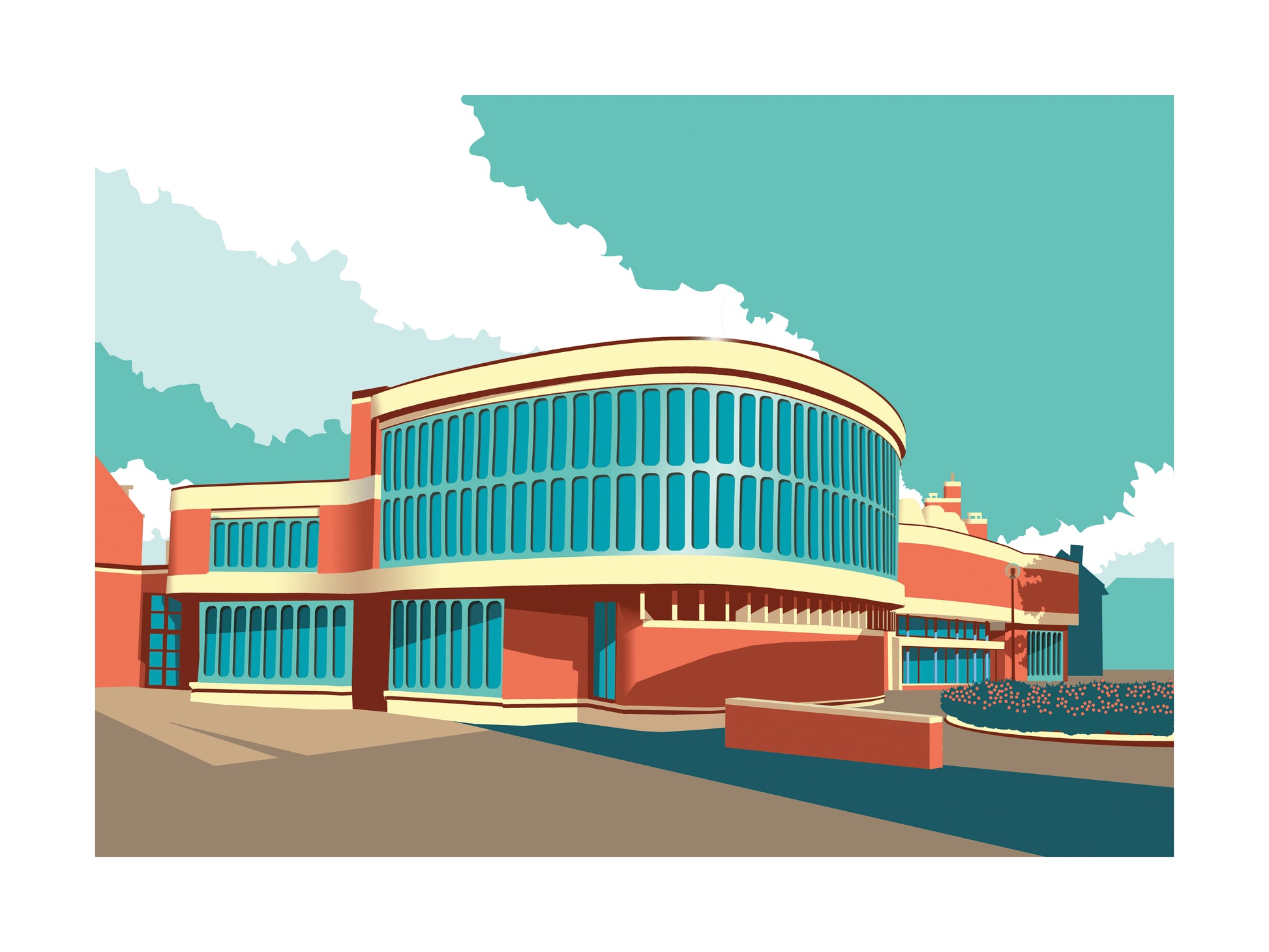 Graphic architectural illustration of the modernist Bibliotheek Schoten designed by Renaat Braem in 1974, iconic Belgian library building depicted in bold geometric style by Studio Frits.