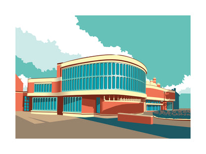 Graphic architectural illustration of the modernist Bibliotheek Schoten designed by Renaat Braem in 1974, iconic Belgian library building depicted in bold geometric style by Studio Frits.