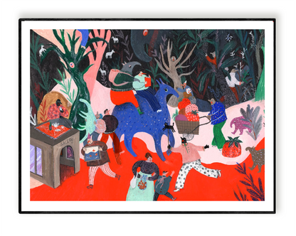 Digital art print "Rode Galerij" by Belgian illustrator Louise de Meester, featuring a bold red-toned scene with whimsical details and layered textures. Ideal for colorful and contemporary home decor.