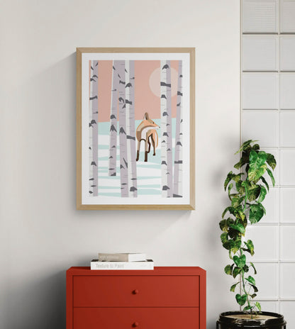 Vertical digital art print showing a geometric fox standing among tall white birch trees in a snowy forest, with peach, pale blue and grey tones, designed as modern nature wall art.