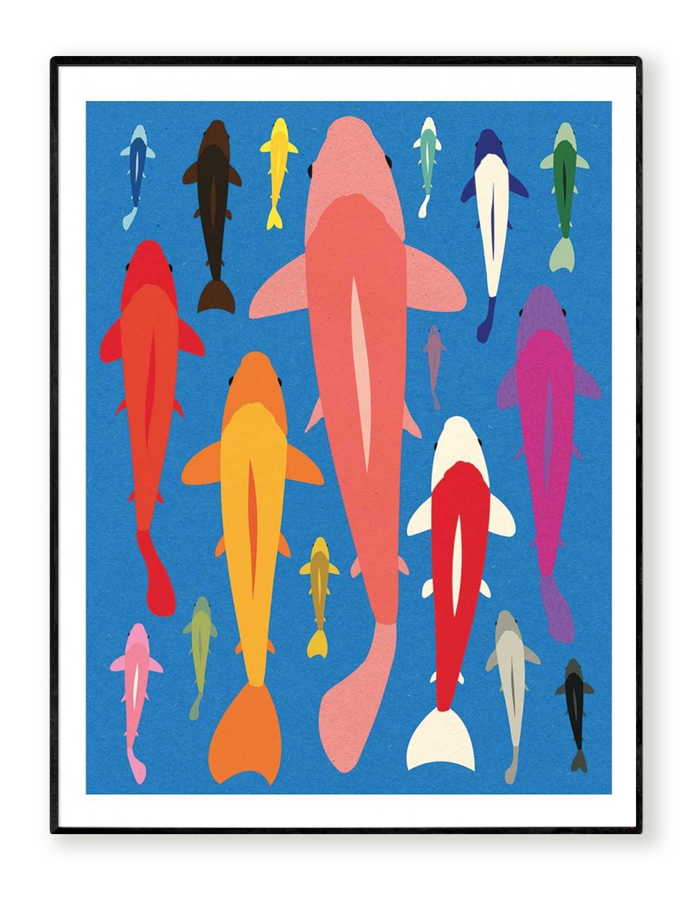 Koi Gang by Rosi Feist – 30x40 cm colorful art print featuring a school of koi fish in bold pop-art style. Minimalist paper-cut inspired illustration with vibrant blue background and bright graphic shapes. Modern wall art for Japanese-inspired interiors.