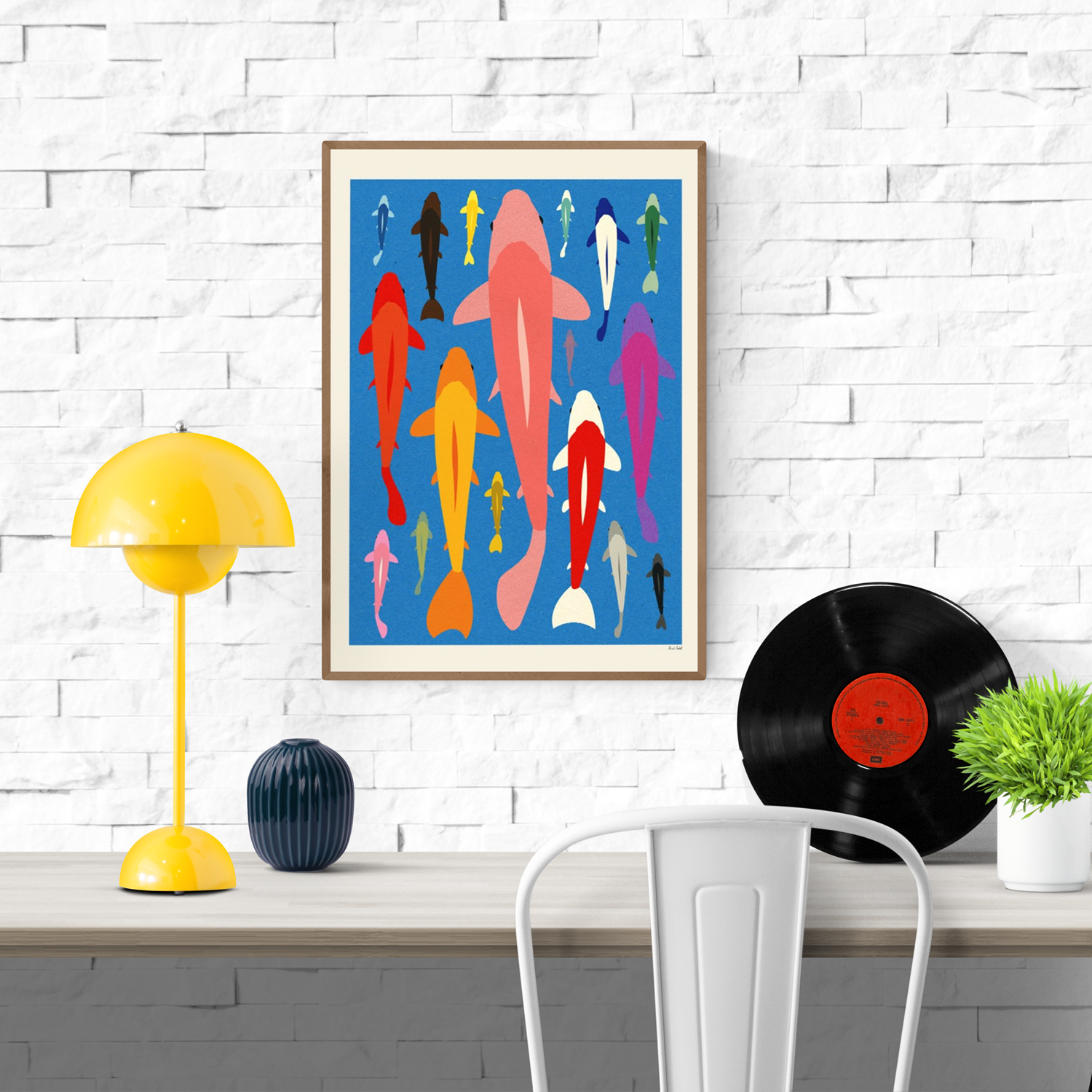 Koi Gang by Rosi Feist – 30x40 cm colorful art print featuring a school of koi fish in bold pop-art style. Minimalist paper-cut inspired illustration with vibrant blue background and bright graphic shapes. Modern wall art for Japanese-inspired interiors.