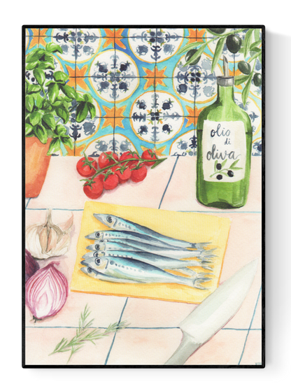 Watercolor kitchen scene illustration by Kim Timmermans featuring fresh sardines on a cutting board surrounded by cherry tomatoes, olive oil, herbs, and garlic — printed on 300g fine art paper in Belgium.