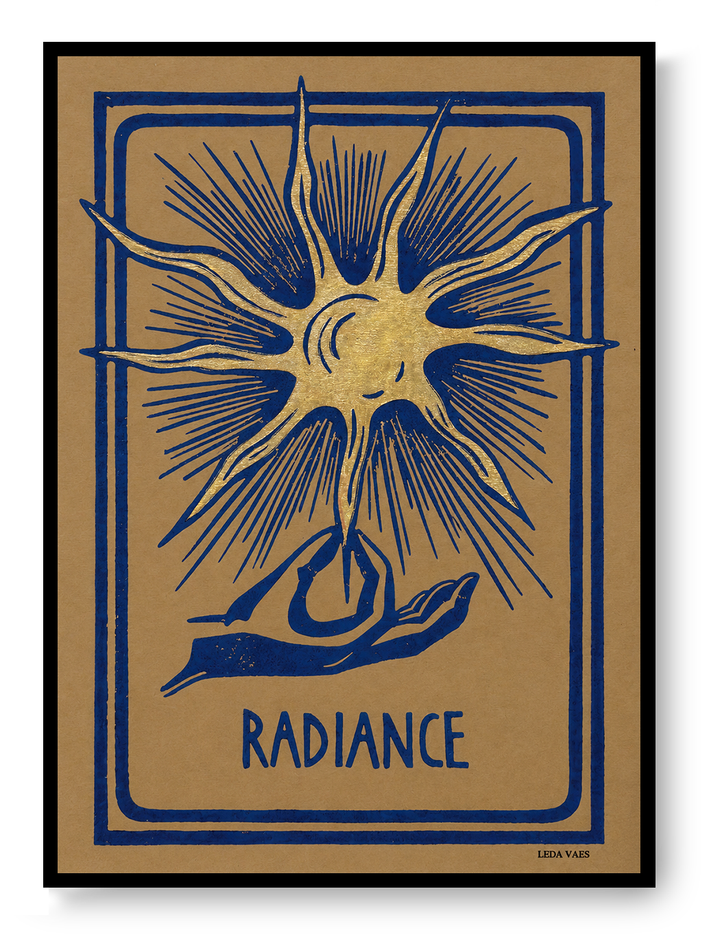 Radiance linocut print by Belgian artist Leda Vaes featuring a golden abstract sun with blue rays and a hand illustration on handmade paper in A4 format.