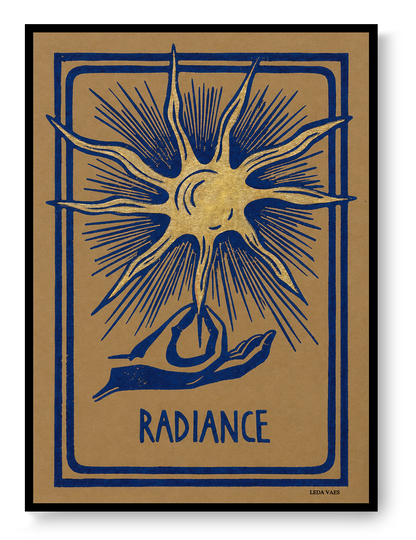 Radiance linocut print by Belgian artist Leda Vaes featuring a golden abstract sun with blue rays and a hand illustration on handmade paper in A4 format.