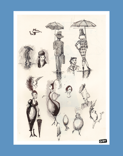 Sketchbook digital art print by Belgian illustrator Gert Paenen featuring expressive black ink character sketches, umbrella figures, fashion-inspired silhouettes, and whimsical hand-drawn studies on a minimalist background.