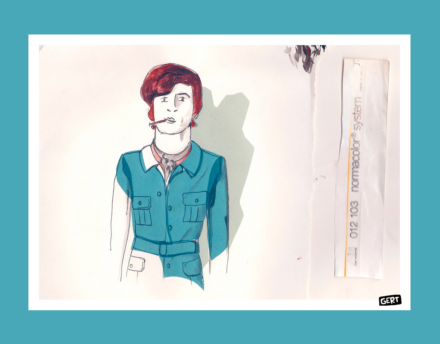 Sketch Guy by Gert Paenen, 13 × 18 cm digital art print featuring a hand-drawn character portrait with red hair, expressive sketch lines, and blue clothing. Contemporary illustration wall art printed on premium 300 g/m² paper for modern interiors, creative workspaces, and gallery walls.