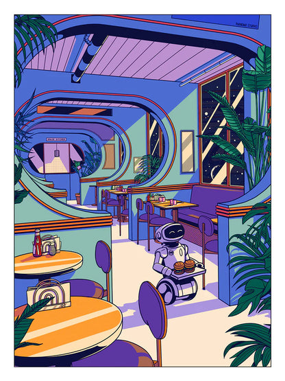 Colorful futuristic café scene illustrated by Paiheme Studio, featuring a cute robot waiter serving coffee in a retro sci-fi diner with tropical plants, neon purple and green walls, rounded architectural windows, and starlit sky views – Japanese pop art style, printed on 30x40 cm matte paper.