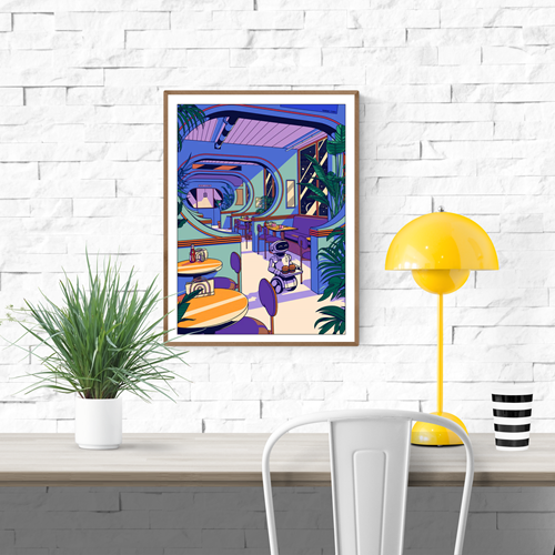 Colorful futuristic café scene illustrated by Paiheme Studio, featuring a cute robot waiter serving coffee in a retro sci-fi diner with tropical plants, neon purple and green walls, rounded architectural windows, and starlit sky views – Japanese pop art style, printed on 30x40 cm matte paper.