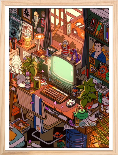 Spring Room illustration by Paiheme Studio, a vibrant 50x70 cm digital print depicting a cozy Japanese-inspired workspace with retro computer, books, plants, and collectibles, printed on 250g Inapa Tradition Blanc Naturel paper.