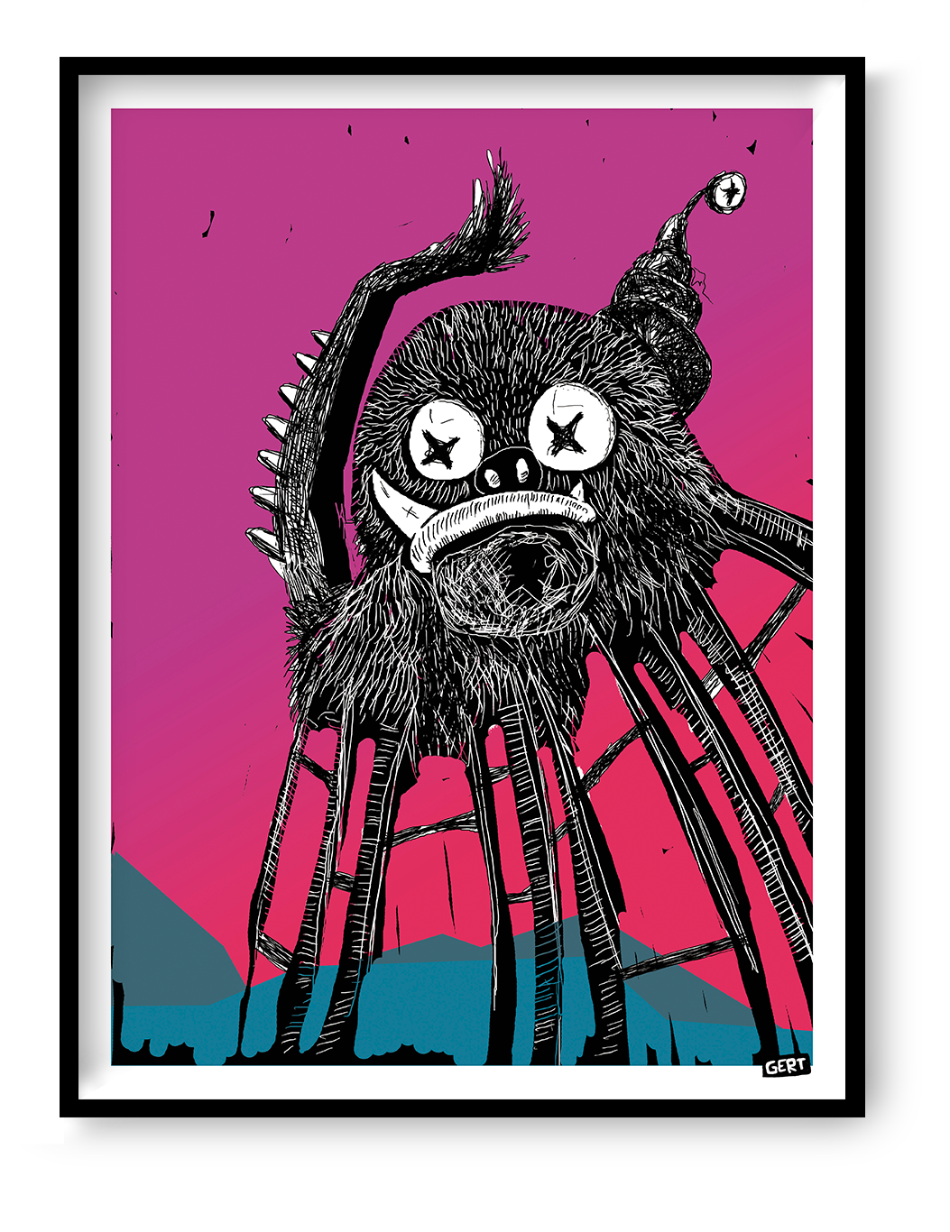 Stranger Thing by Gert Paenen, surreal digital art print featuring a strange black furry creature with long insect-like legs, sharp teeth, and oversized crossed-out eyes against a vibrant pink background, contemporary dark pop art illustration.