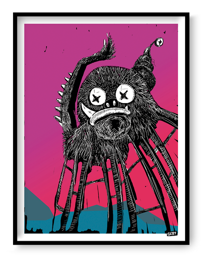 Stranger Thing by Gert Paenen, surreal digital art print featuring a strange black furry creature with long insect-like legs, sharp teeth, and oversized crossed-out eyes against a vibrant pink background, contemporary dark pop art illustration.