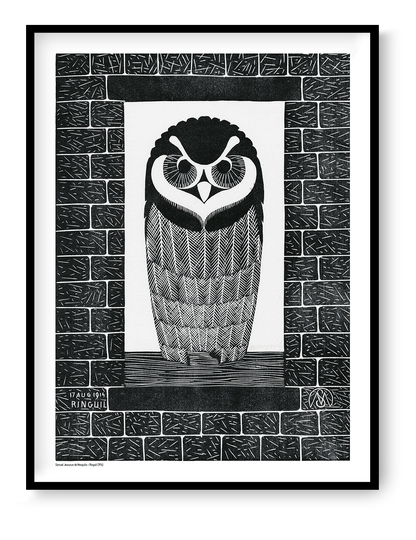 Black-and-white portrait of a wide-eyed owl framed by textured brick patterns, based on a 1914 Dutch woodcut, in vertical format for graphic wall art and study decor.