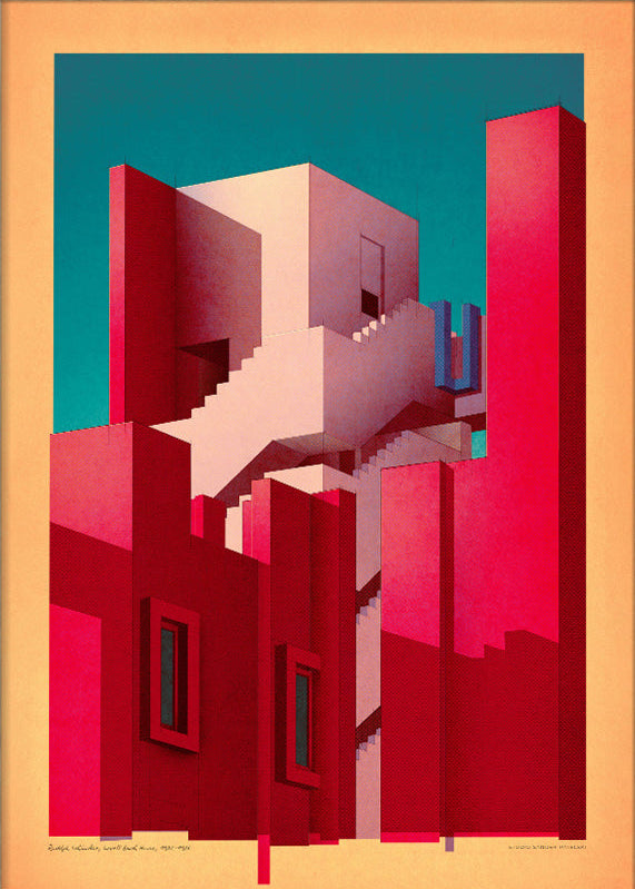 Digital architectural illustration of Ricardo Bofill’s La Muralla Roja with bold red facades, staircases, and shadows under a teal sky – art print by Studio Sander Patelski, 30 x 40 cm, modernist tribute for design lovers.