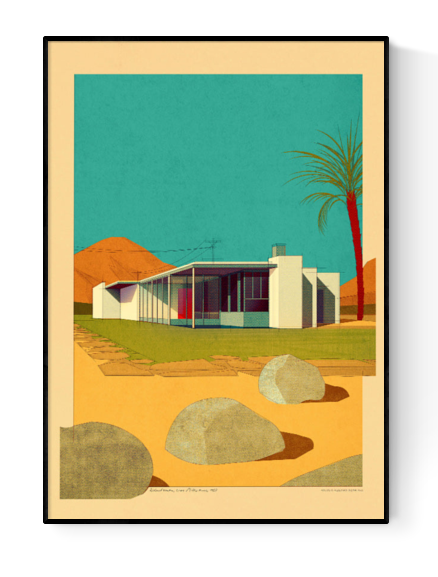 Stylized digital illustration of the Richard Neutra-designed Grace Miller House in a mid-century desert setting, featuring clean white architecture, vibrant teal sky, and minimalist landscape – 30 x 40 cm art print by Studio Sander Patelski.