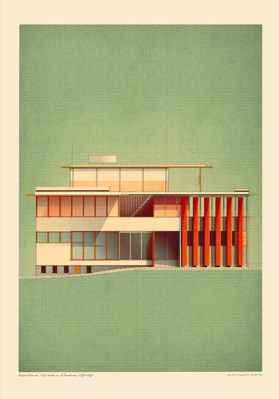 Richard Neutra VDL Studio architectural art print by Studio Sander Patelski featuring a modernist 1930s house with geometric lines, warm orange accents, and a soft green textured background, printed in a vintage-inspired mid-century modern style.